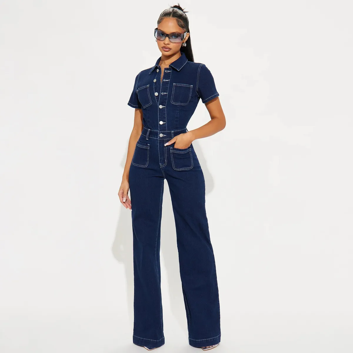 Women Fashion Casual Lapel Short Sleeve Wide Leg Denim Jumpsuit