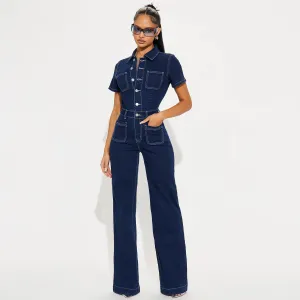 Women Fashion Casual Lapel Short Sleeve Wide Leg Denim Jumpsuit