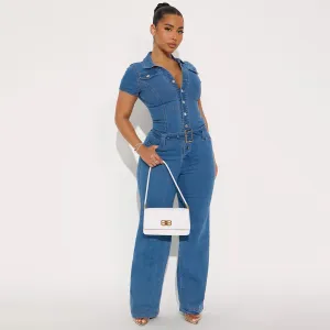 Women Fashion Sexy Solid Color Lapel Short-Sleeve Belt Denim Jumpsuit