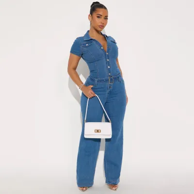 Women Fashion Sexy Solid Color Lapel Short-Sleeve Belt Denim Jumpsuit