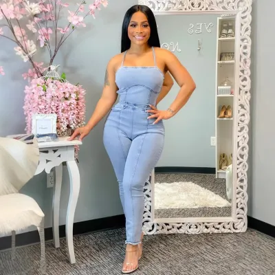 Women Fashion Sexy Solid Color Halter-Neck Backless Slim Fit Denim Jumpsuit