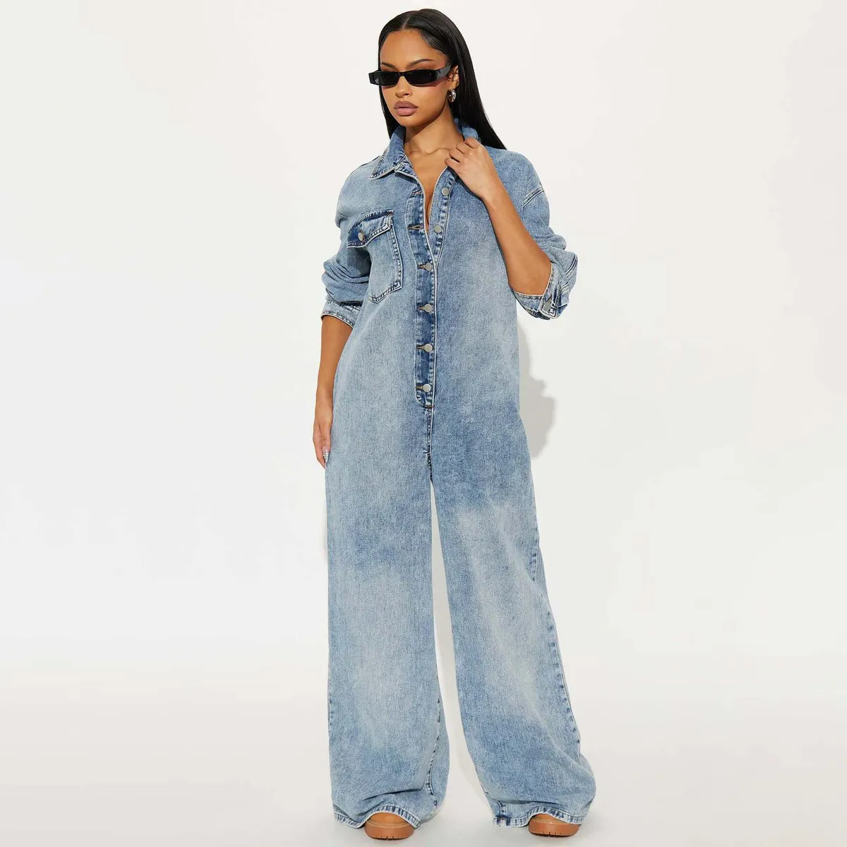 Women Fashion Casual Wash Stretch Lapel Long Sleeve Loose Denim Jumpsuit