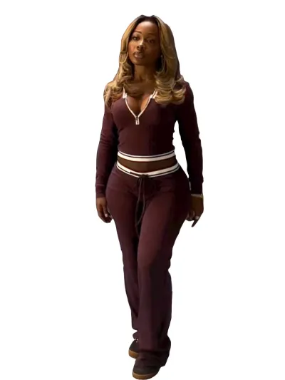 Women Fashion Athleisure Lapel Half Zipper Long-Sleeve Crop Top Drawstring Pants Two-Piece Set