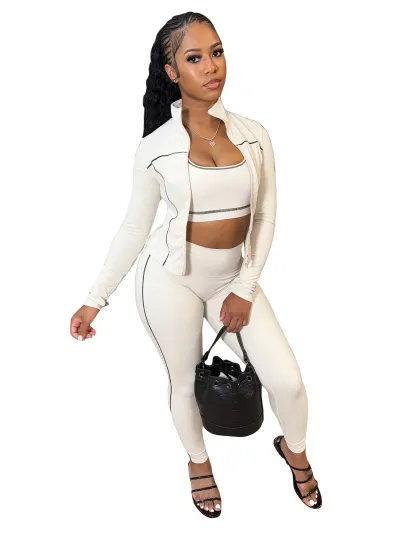Women Fashion Athleisure Tank Top Long Sleeve Zipper Jacket Tight Pants Three-Pieces Set