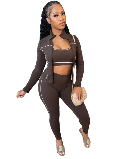 Women Fashion Athleisure Tank Top Long Sleeve Zipper Jacket Tight Pants Three-Pieces Set