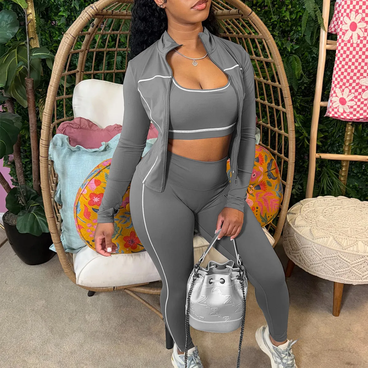 Women Fashion Athleisure Tank Top Long Sleeve Zipper Jacket Tight Pants Three-Pieces Set