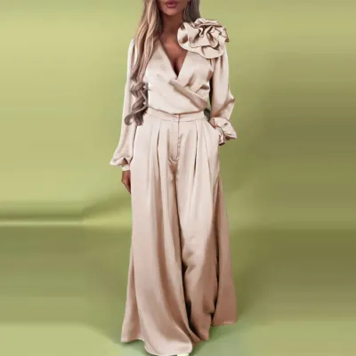 Women Fashion Elegant Solid Color Satin V-Neck Long Sleeve Top Wide Leg Pants Two-Piece Set