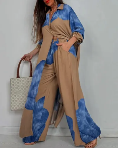 Women Fashion Casual Color-Block Lapel Long-Sleeve Loose Blouse Wide-Leg Pants Two-Piece Set
