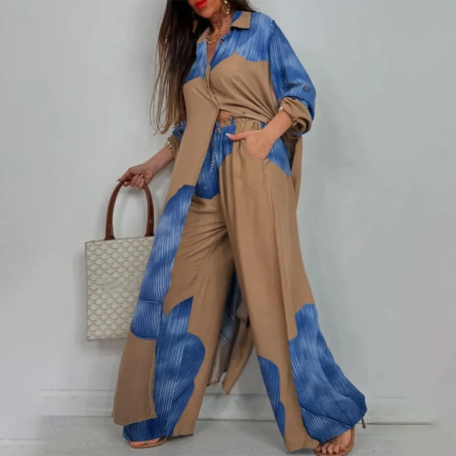 Women Fashion Casual Color-Block Lapel Long-Sleeve Loose Blouse Wide-Leg Pants Two-Piece Set