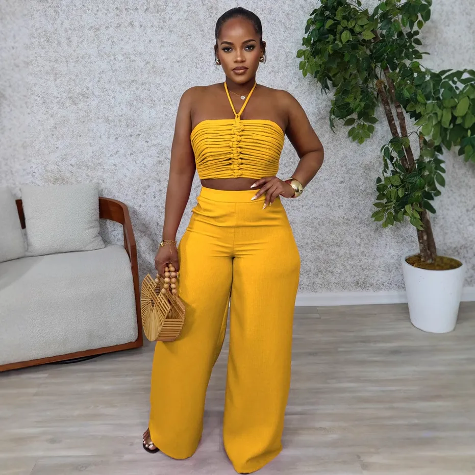 Women Fashion Sexy Solid Color Halter-Neck Crop Top High Waist Side Zipper Loose Pants Two-Piece Set