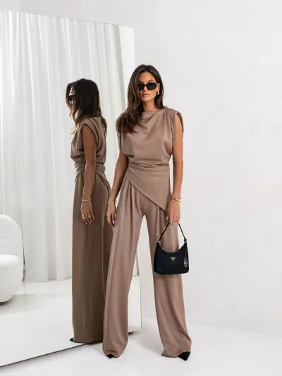 Women Fashion Casual Solid Color Irregular Sleeveless Tank Top Loose Pants Two-Piece Set