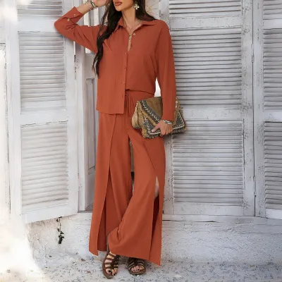 Women Fashion Casual Solid Color Lapel Long-Sleeve Blouse Wide Leg Pants Two-Pieces Set