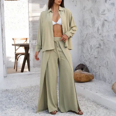 Women Fashion Casual Solid Color Lapel Long-Sleeve Blouse Wide Leg Pants Two-Pieces Set