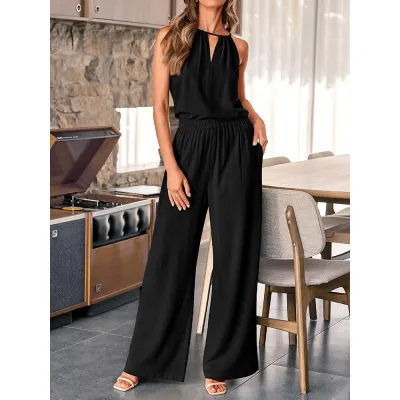 Women Fashion Casual Solid Color Hollow Sleeveless Tank Top Wide Leg Pants Two-Piece Set