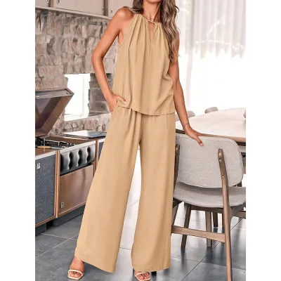 Women Fashion Casual Solid Color Hollow Sleeveless Tank Top Wide Leg Pants Two-Piece Set