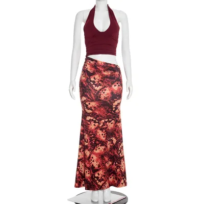 Women Fashion Sexy V-Neck Halter-Neck Crop Top Printed Maxi Skirts Two-Piece Set