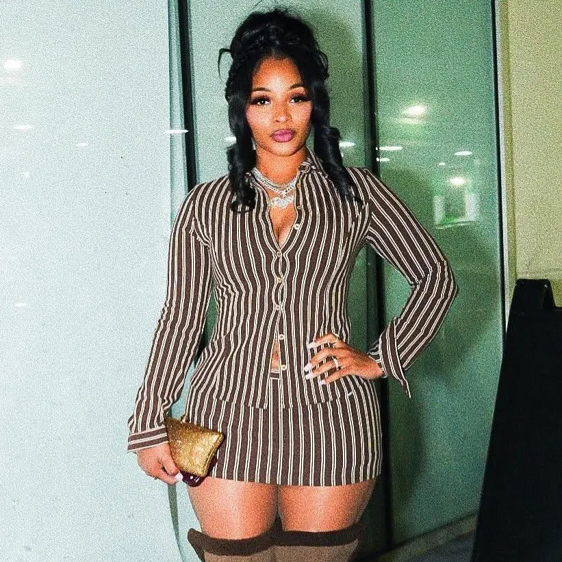 Women Fashion Sexy Contrast Color Stripe Lapel Long Sleeve Top Slim Fit Mini Skirt Two-Piece Set