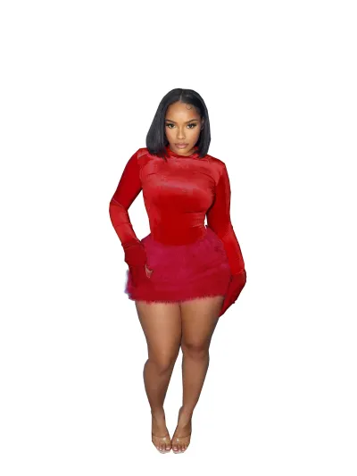 Women Fashion Sexy Solid Color Long-Sleeve Bodysuits Plush Mini Skirt Two-Piece Set