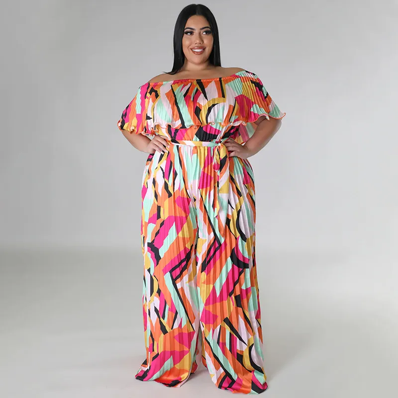 Women Fashion Sexy Plus Size Digital Print Off-Shoulder Short-Sleeve Pleated Loose Jumpsuit