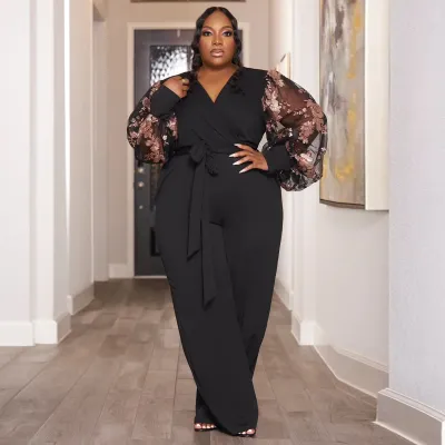 Women Elegant Plus Size Printed Puff Sleeve Straight Leg Jumpsuit