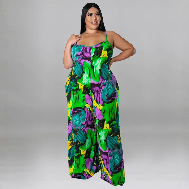 Women Fashion Sexy Plus Size Printed Spaghetti Strap Belt Loose Jumpsuits