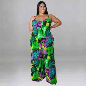 Women Fashion Sexy Plus Size Printed Spaghetti Strap Belt Loose Jumpsuits