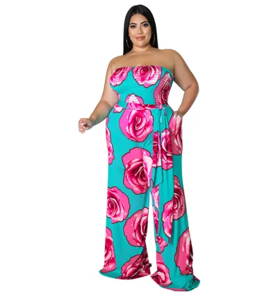 Women Fashion Sexy Plus Size Rose Printed Tube Top Loose Jumpsuits