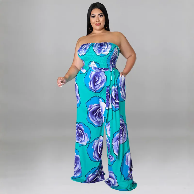 Women Fashion Sexy Plus Size Rose Printed Tube Top Loose Jumpsuits