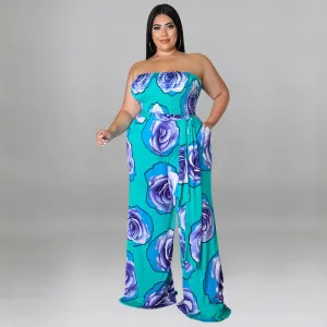 Women Fashion Sexy Plus Size Rose Printed Tube Top Loose Jumpsuits