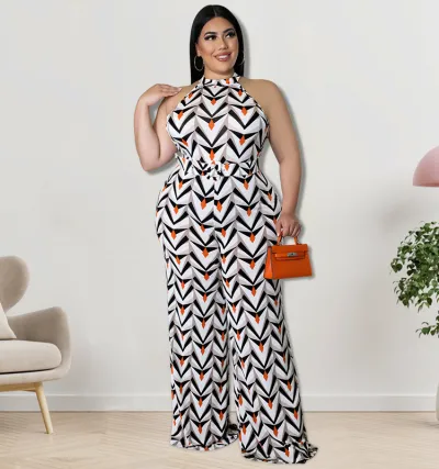 Women Fashion Sexy Plus Size Printed Sleeveless Loose Jumpsuits