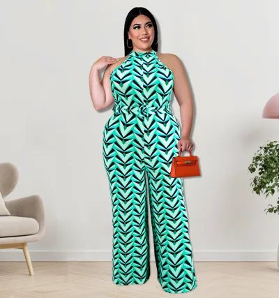 Women Fashion Sexy Plus Size Printed Sleeveless Loose Jumpsuits