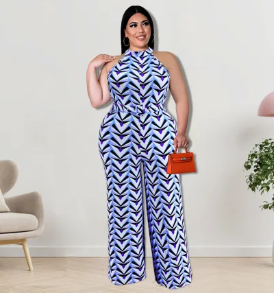 Women Fashion Sexy Plus Size Printed Sleeveless Loose Jumpsuits