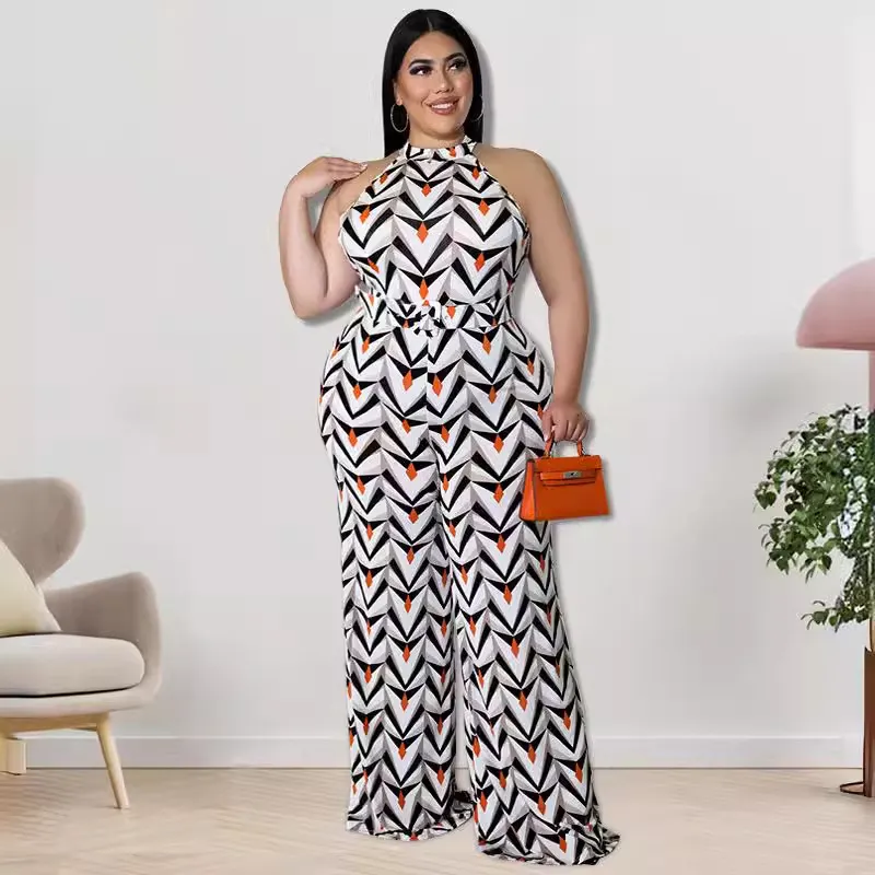 Women Fashion Sexy Plus Size Printed Sleeveless Loose Jumpsuits