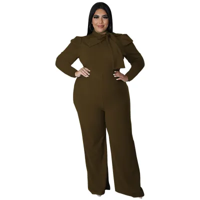Women Fashion Casual Plus Size Solid Color Bowknot Lace-Up Long Sleeve Jumpsuits