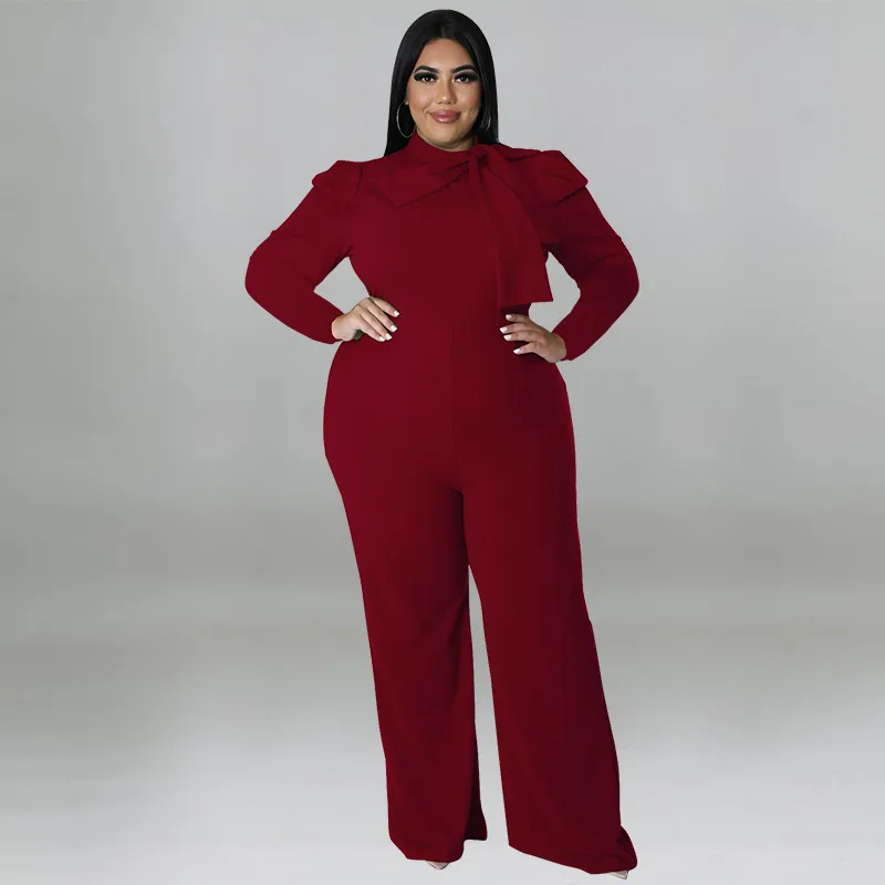 Women Fashion Casual Plus Size Solid Color Bowknot Lace-Up Long Sleeve Jumpsuits