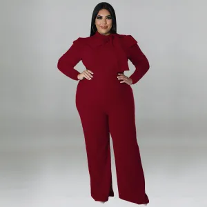 Women Fashion Casual Plus Size Solid Color Bowknot Lace-Up Long Sleeve Jumpsuits