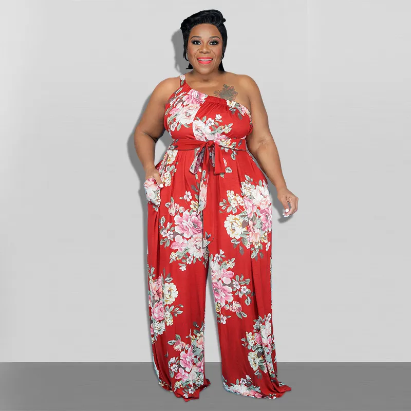 Women Fashion Sexy Plus Size Floral Print Sleeveless Loose Jumpsuits
