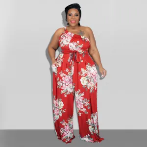 Women Fashion Sexy Plus Size Floral Print Sleeveless Loose Jumpsuits