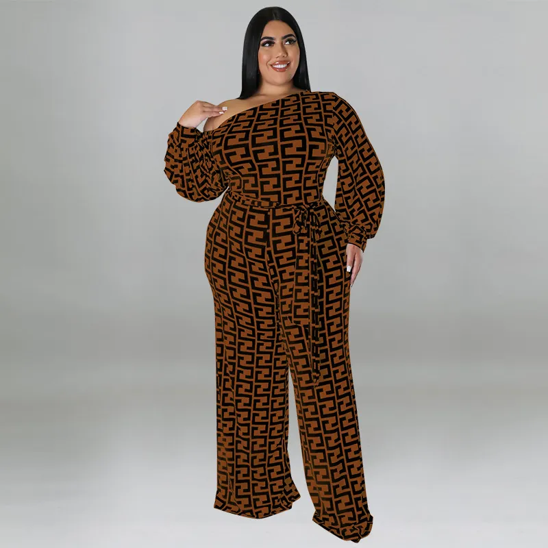 Women Fashion Casual Plus Size Printed Slanted Shoulder Long Sleeve Jumpsuit