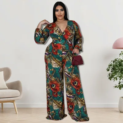 Women Plus Size Casual Artistic Retro Printed V-Neck Long-Sleeve Loose Jumpsuit