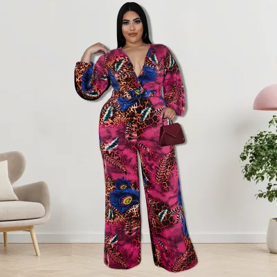 Women Plus Size Casual Artistic Retro Printed V-Neck Long-Sleeve Loose Jumpsuit