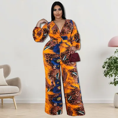 Women Plus Size Casual Artistic Retro Printed V-Neck Long-Sleeve Loose Jumpsuit