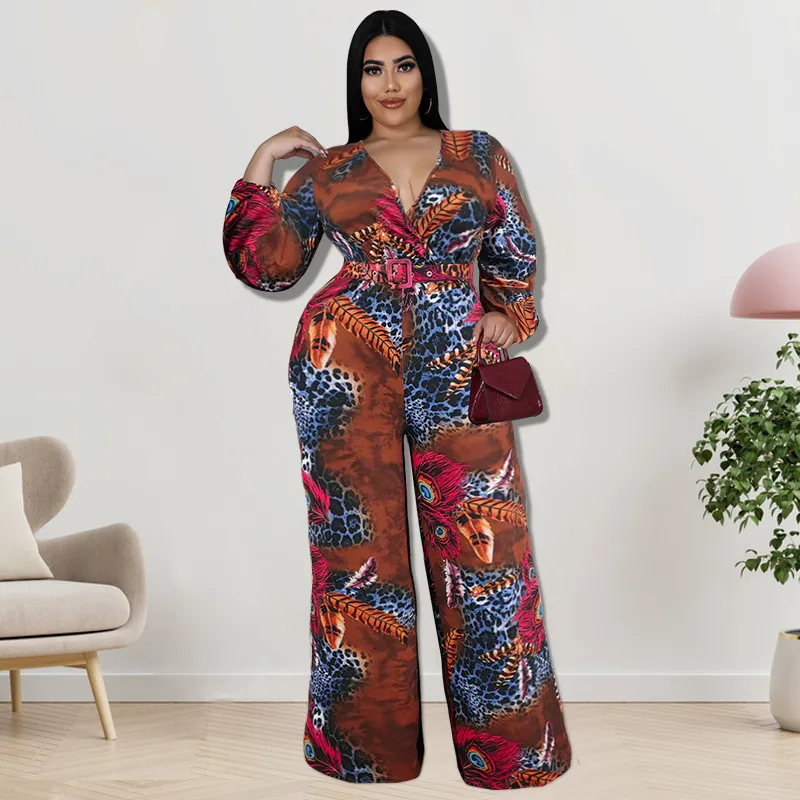 Women Plus Size Casual Artistic Retro Printed V-Neck Long-Sleeve Loose Jumpsuit