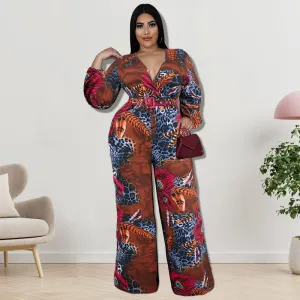 Women Plus Size Casual Artistic Retro Printed V-Neck Long-Sleeve Loose Jumpsuit