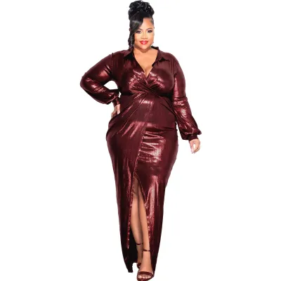 Women Fashion Sexy Plus Size Solid Color V-Neck Long Sleeve Split A-Line Dress