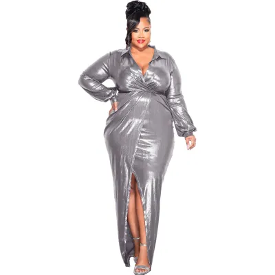 Women Fashion Sexy Plus Size Solid Color V-Neck Long Sleeve Split A-Line Dress
