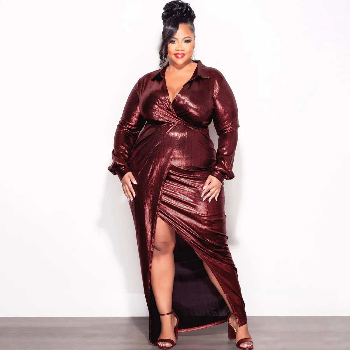 Women Fashion Sexy Plus Size Solid Color V-Neck Long Sleeve Split A-Line Dress