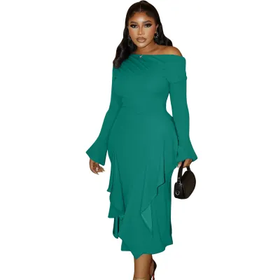 Women Elegant Plus Size Off-Shoulder Long-Sleeve Pleated Dress