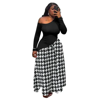 Women Fashion Sexy Elegant Plus Size Printed Stitching Slanted Shoulder Long-Sleeve Slim-Fit Dress