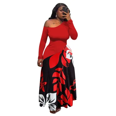 Women Fashion Sexy Elegant Plus Size Printed Stitching Slanted Shoulder Long-Sleeve Slim-Fit Dress